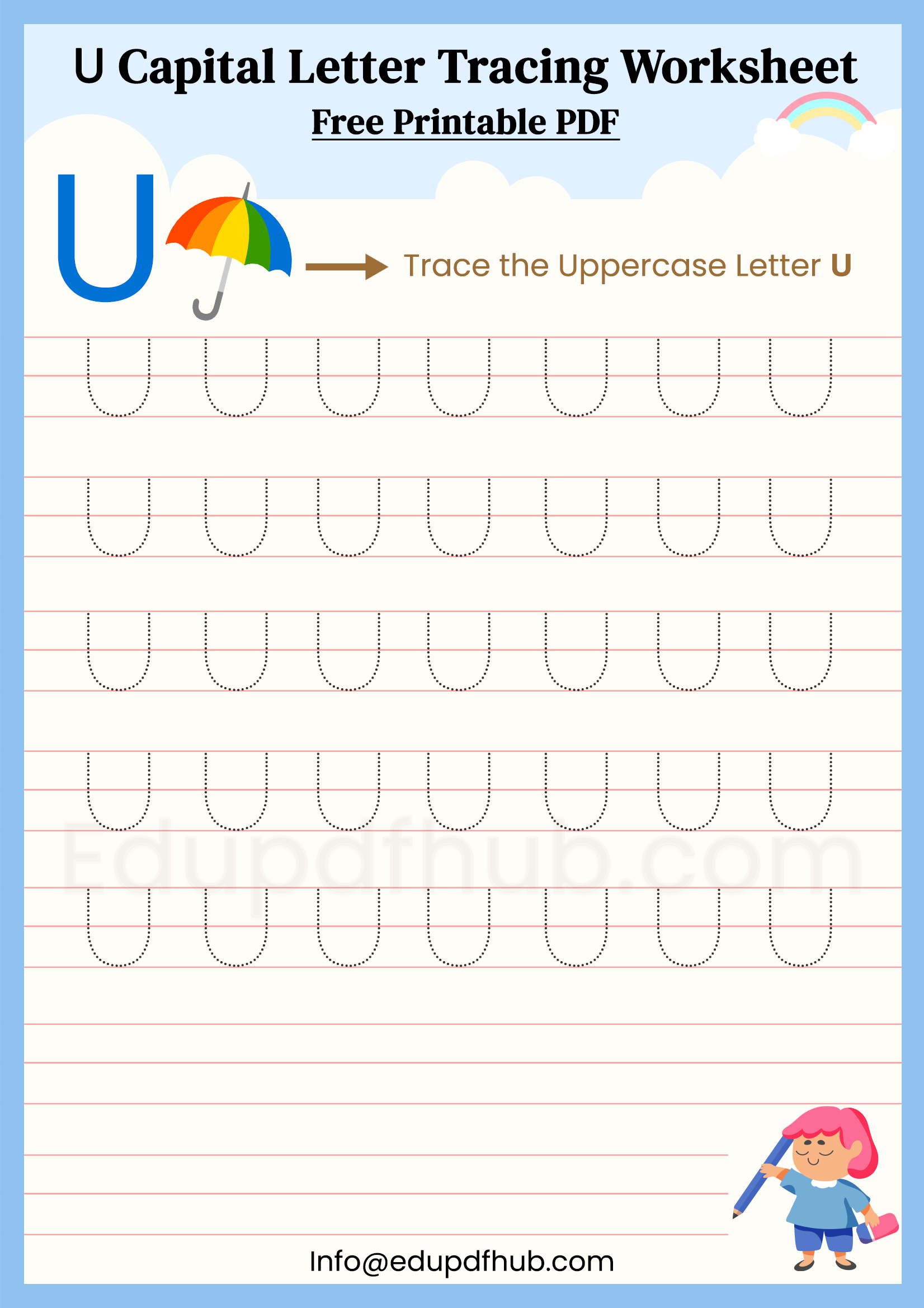 U Capital Letter Tracing Worksheet Printable PDF for Kids